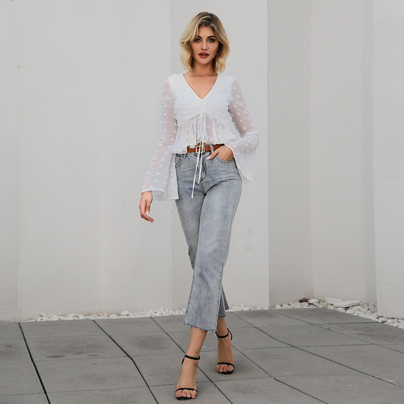 V Neck Ruched Detail Ruffle Hem Long Sleeve Dot Crop Top