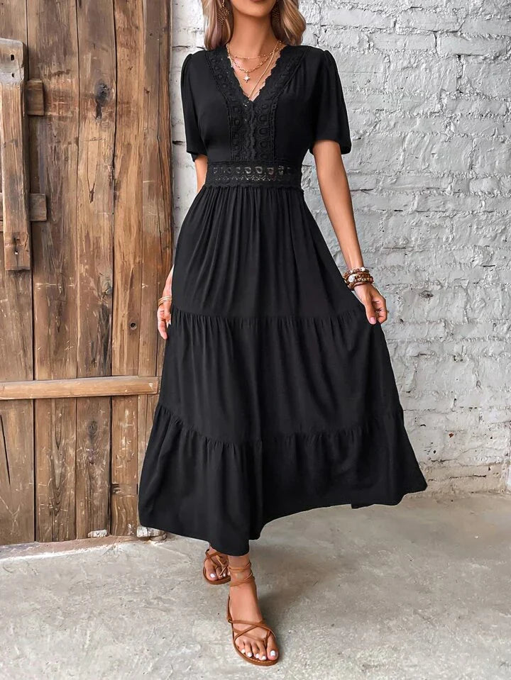 Frenchy Guipure Lace Insert V Neck Layered Hem Dress