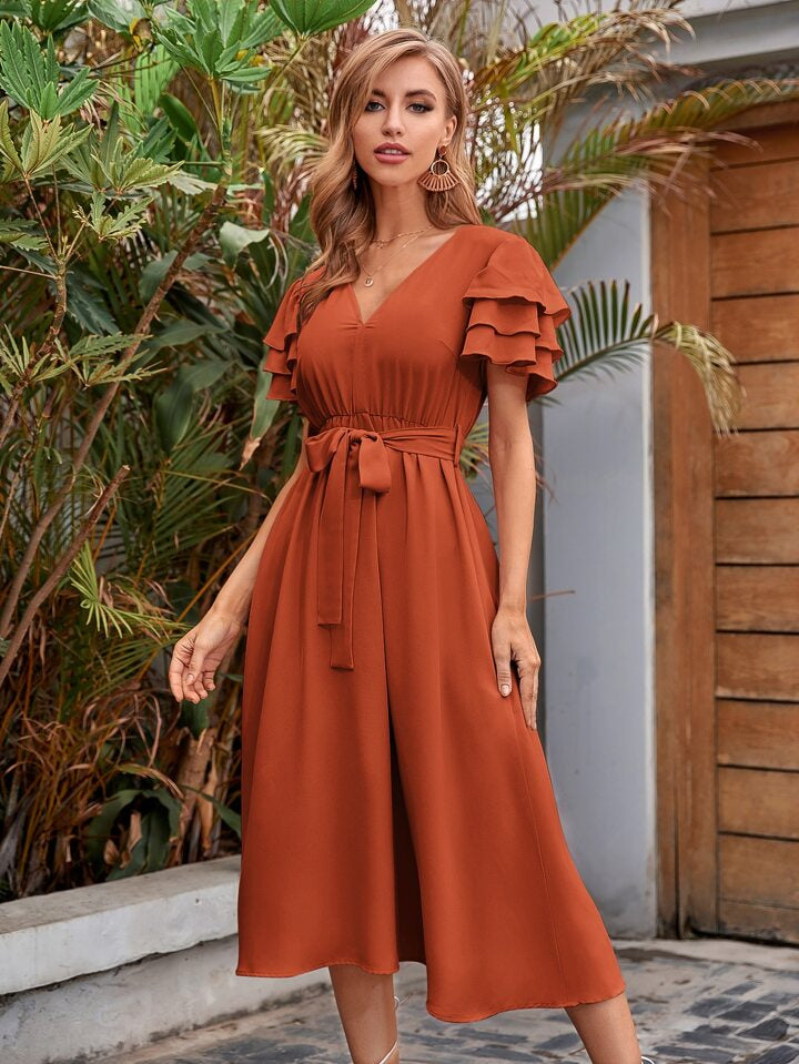Vacation V-Neck Layered Sleeve Belted Dress