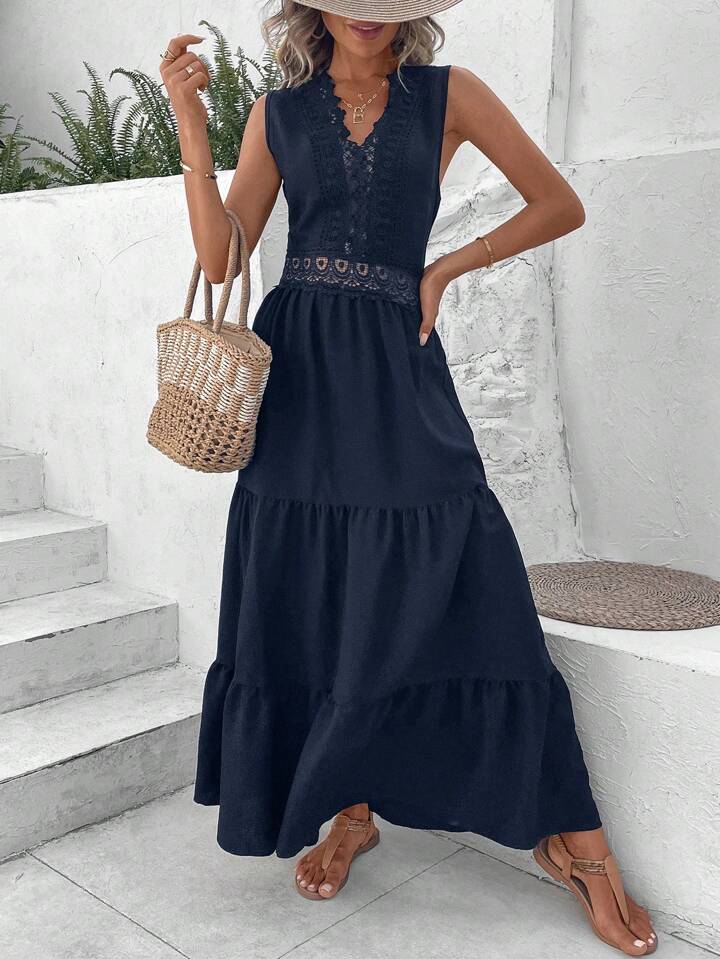 Vacation Guipure Lace Insert Ruffle Hem Dress