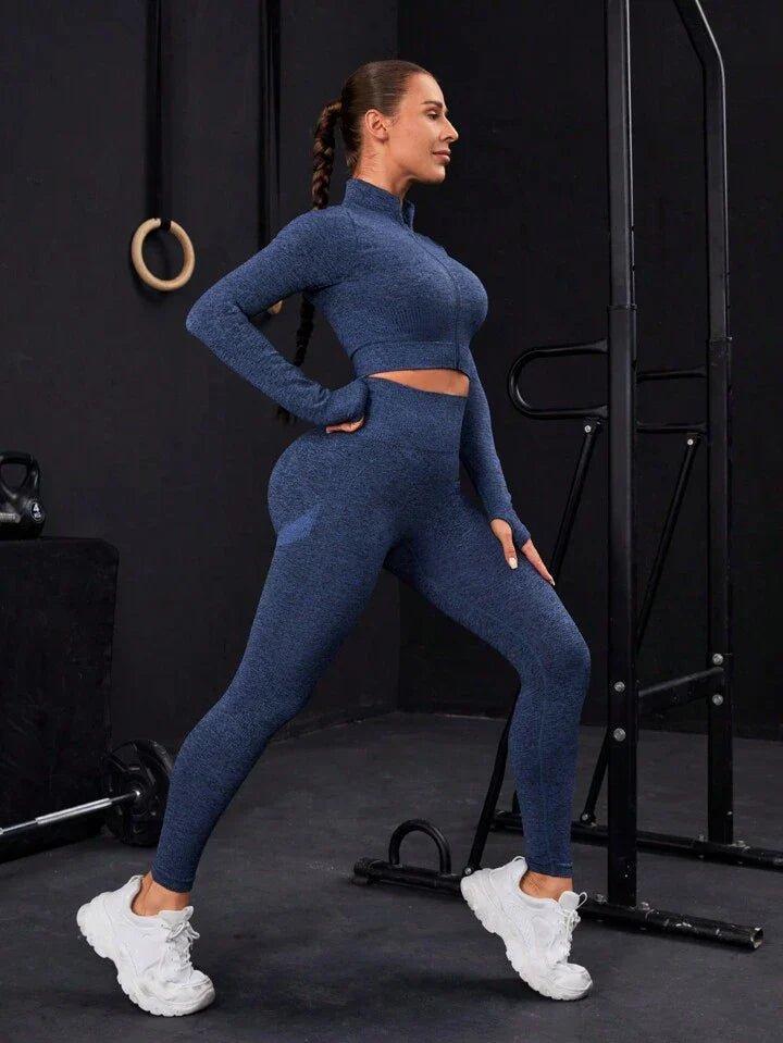 Seamless Thumbholes Top-Stitching Zipper Sports Set