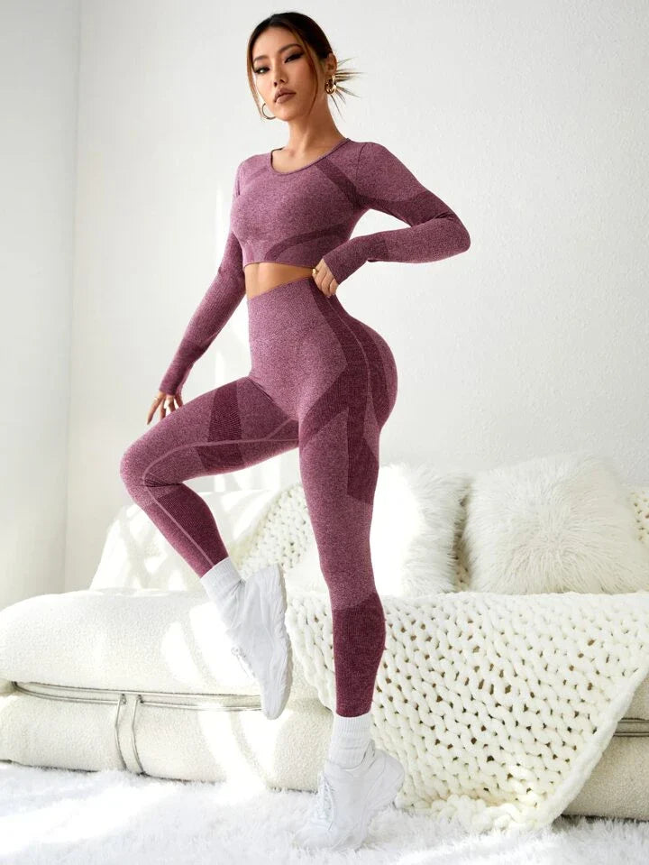 2pcs Seamless Gym Suit Yoga Set Thumbhole Tee & Tummy Control Legging