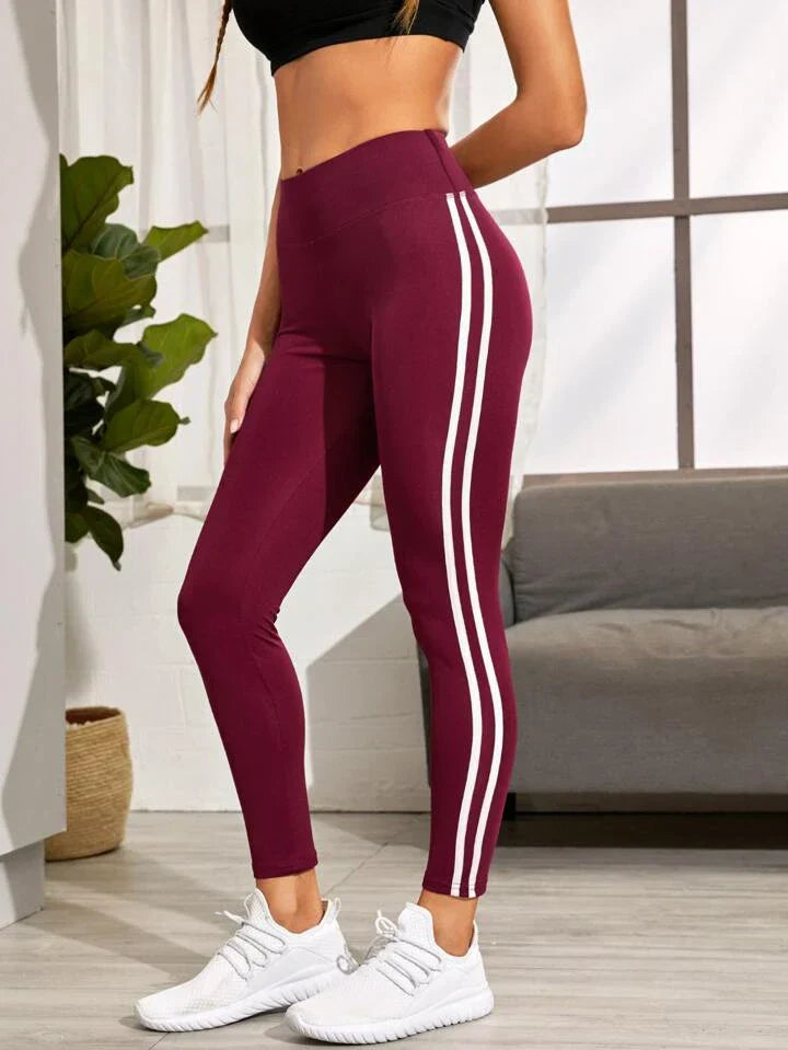 Side Stripe Sports Tights High Stretch Tummy Control Athletic Leggings