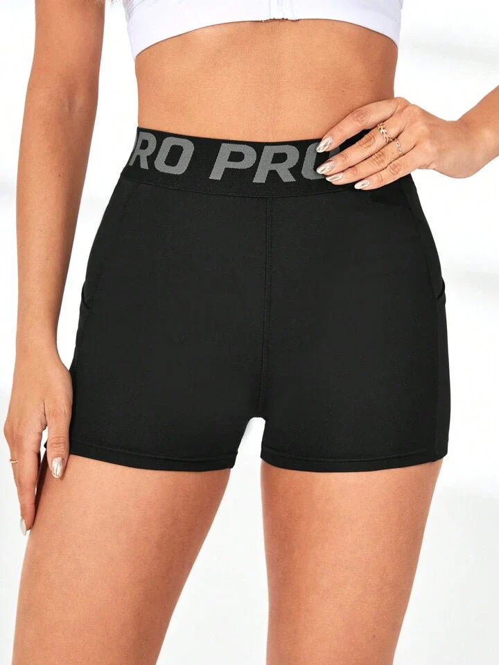 Women's Letter Printed Drawstring Sports Shorts With Phone Pocket