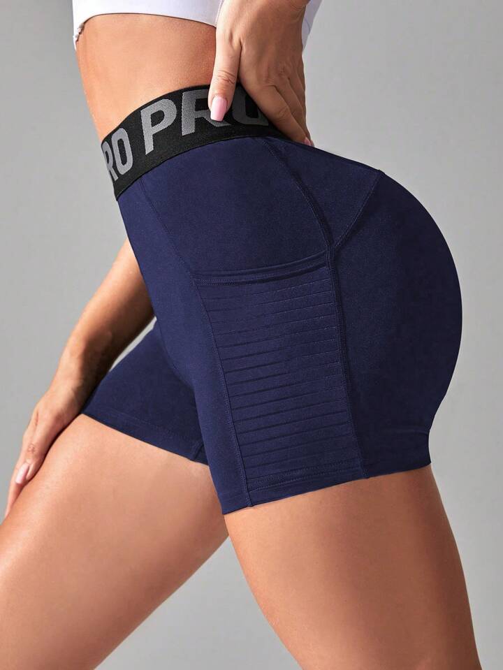 Letter Print With Tummy Control And Side Pockets Blue Shorts