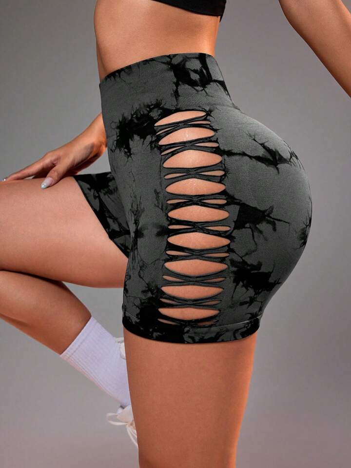 Women's High Waist Tie-Dye Printed Hollow Out Side Seamless Sports Shorts