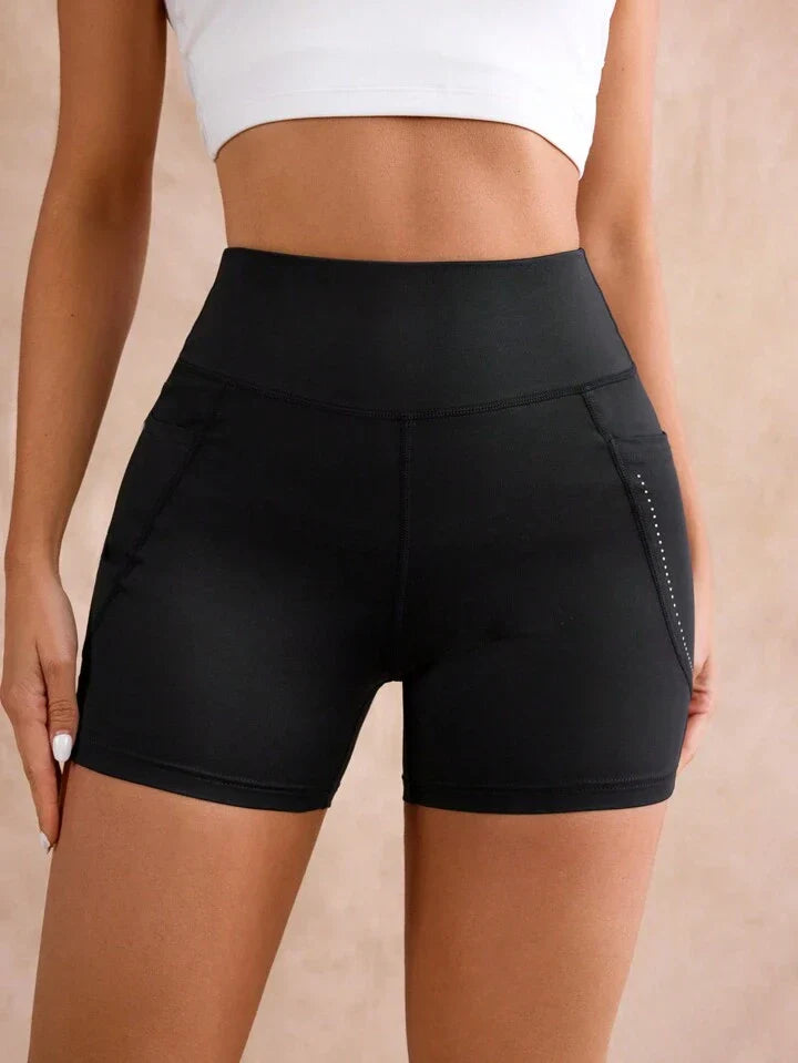 Polka Dot Printed Sports Shorts With Side Pockets, High Waist And Slim Fit