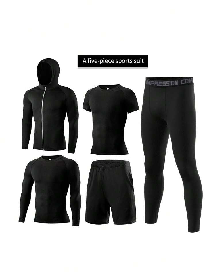 5pcs/Set Men's Sporting Suit, Quick-Dry Fitness Clothes For Compression & Gym