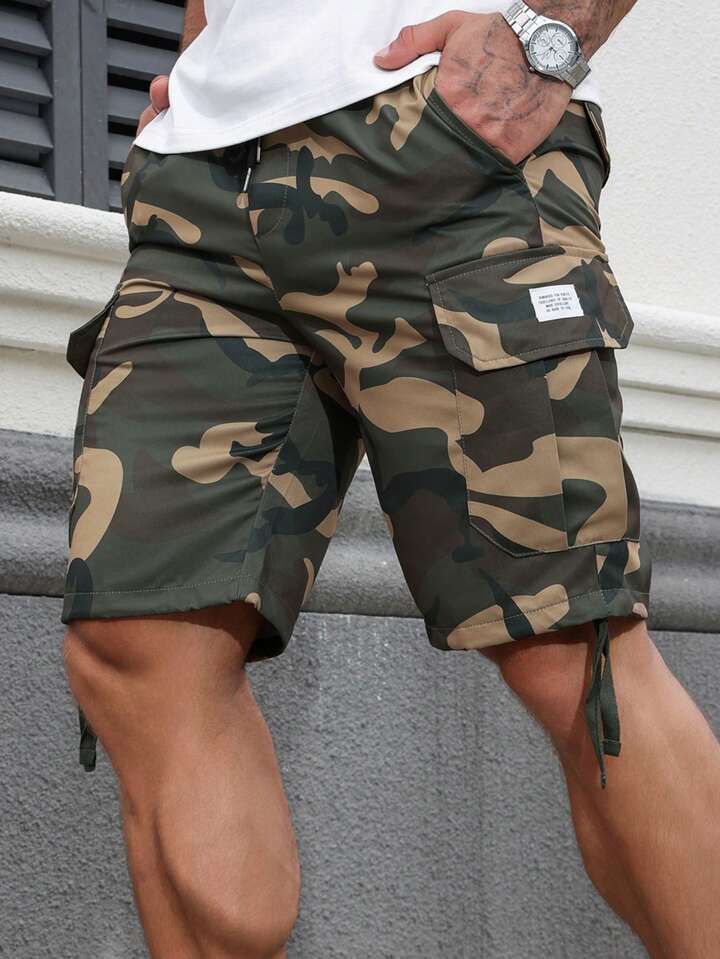 Chillmode Men's Letter Print Camo Workwear Shorts With Pockets, Casual