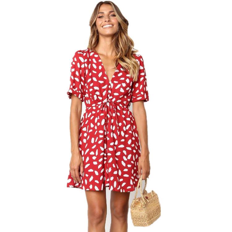 Red Fashion Print Button Lace Casual Dress for Summer/Beach