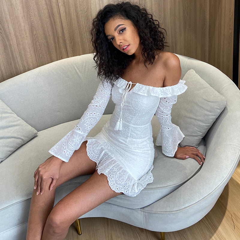 Tied Fringe Ruffle Hem Schiffy Bardot Dress