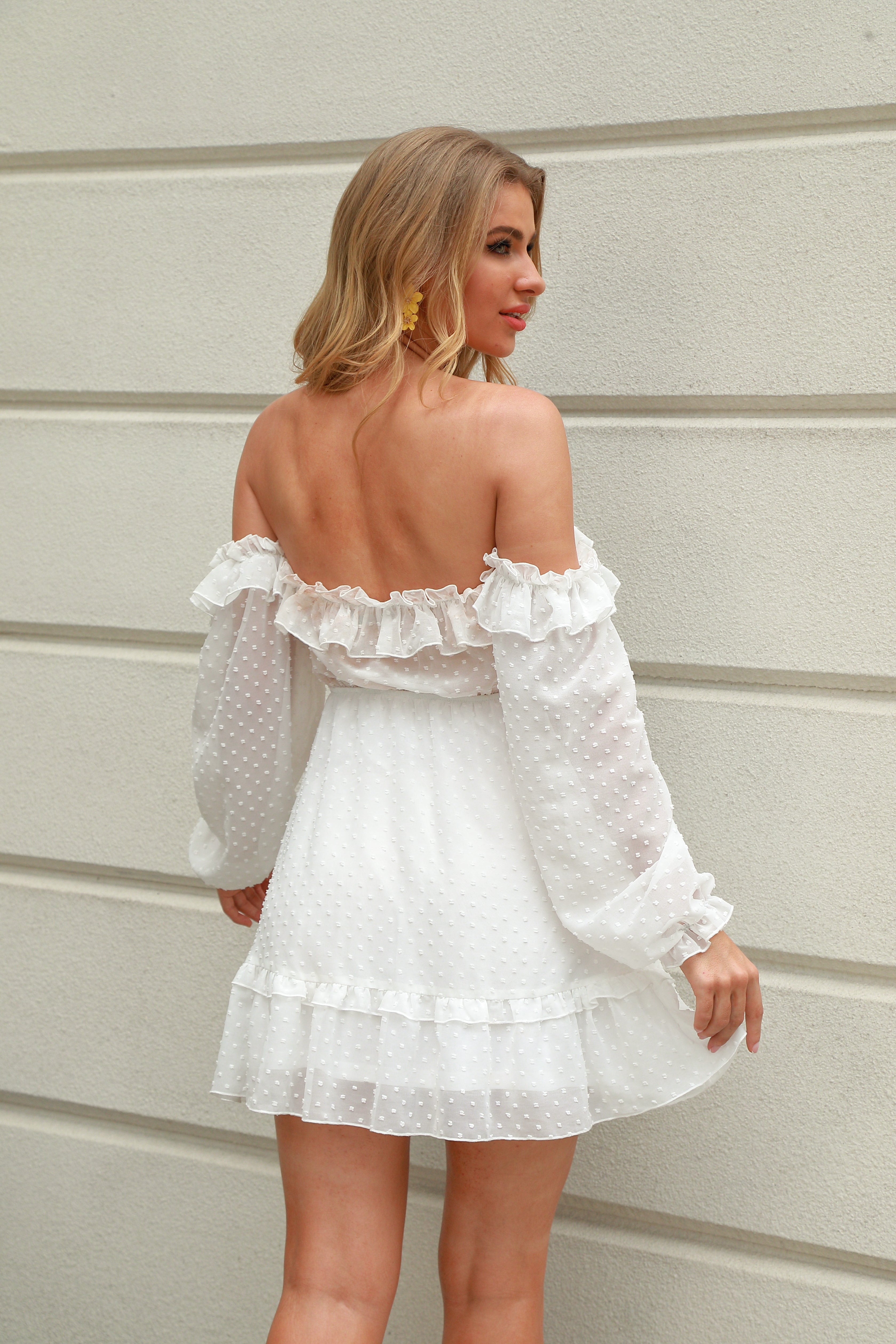 Off Shoulder Frill Trim Swiss Dot Chiffon White Dress