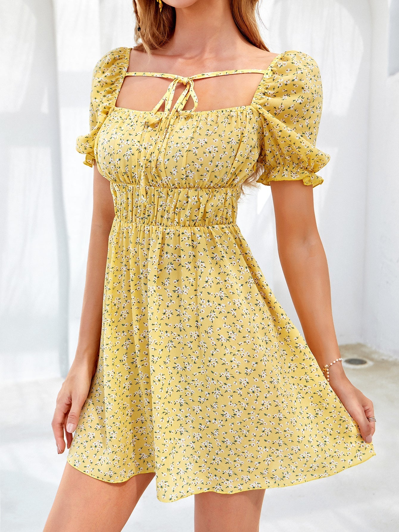 Square Collar Sleeveless Summer Dress Yellow
