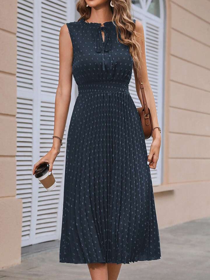Swiss Dot Tie Neck Pleated Hem Dress