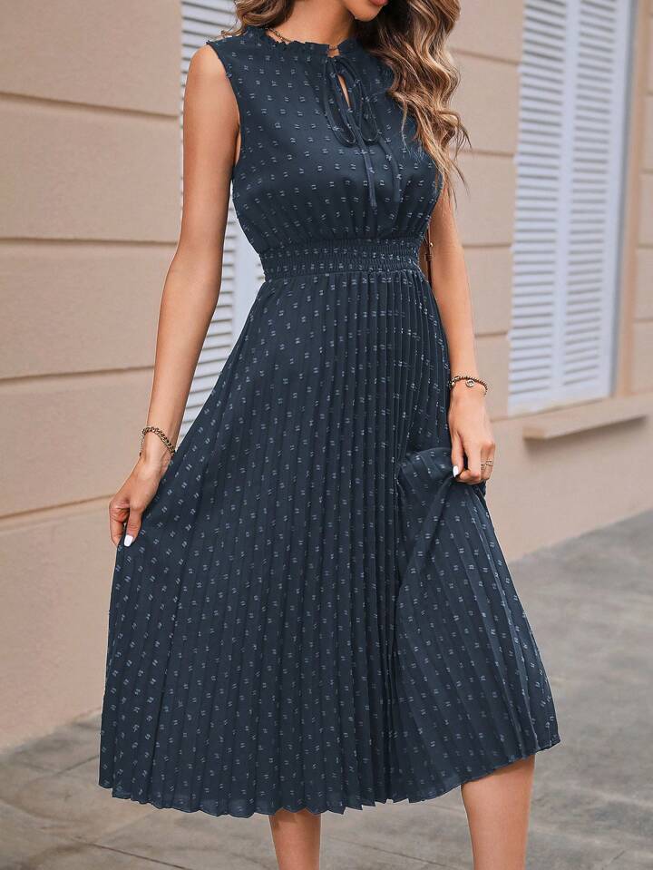 Swiss Dot Tie Neck Pleated Hem Dress