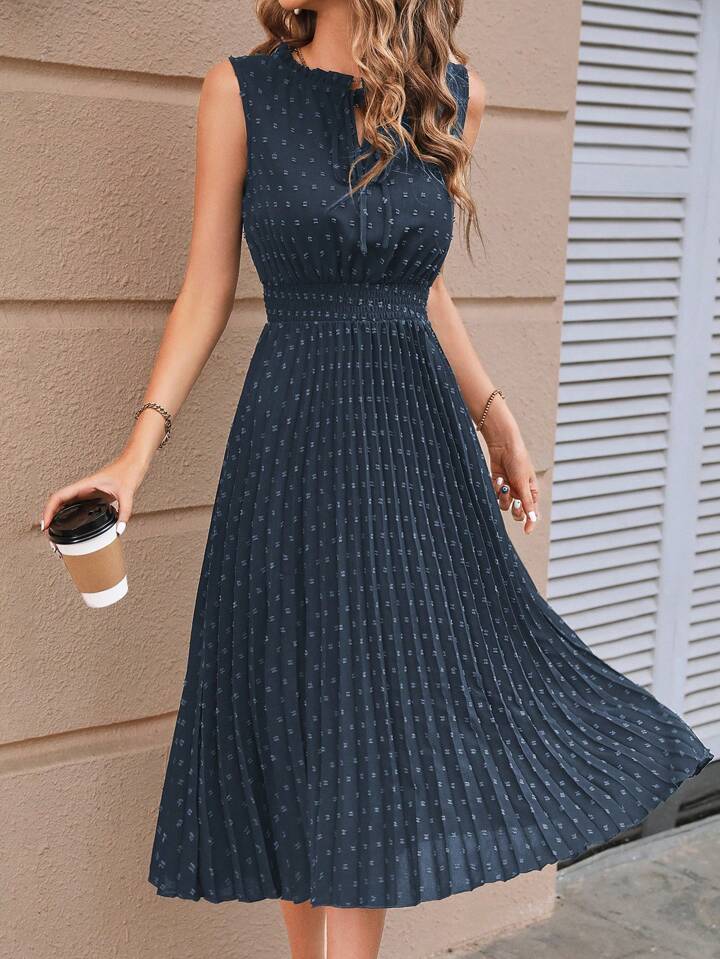 Swiss Dot Tie Neck Pleated Hem Dress