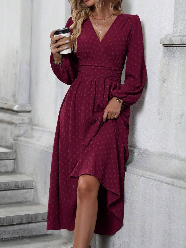 Swiss Dot Surplice Neck Lantern Sleeve Ruched Waist Dress