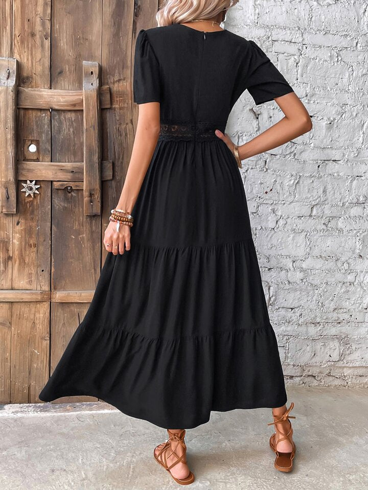 Frenchy Guipure Lace Insert V Neck Layered Hem Dress