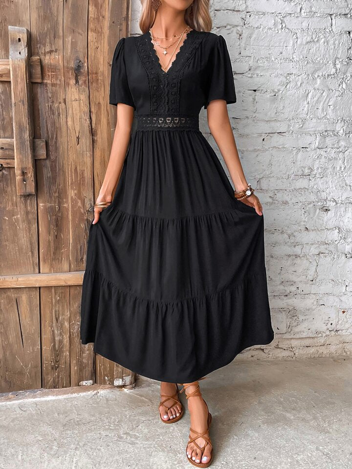 Frenchy Guipure Lace Insert V Neck Layered Hem Dress