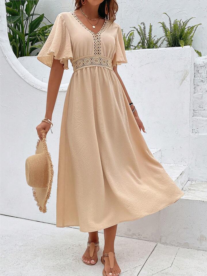 Vacation Guipure Lace Insert Flounce Sleeve Dress