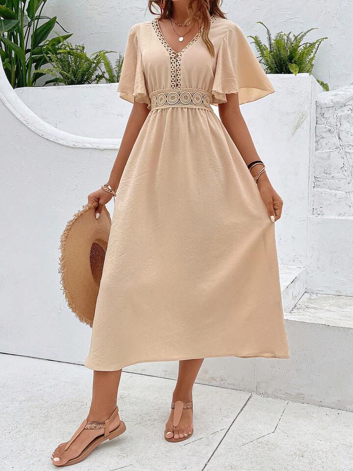 Vacation Guipure Lace Insert Flounce Sleeve Dress