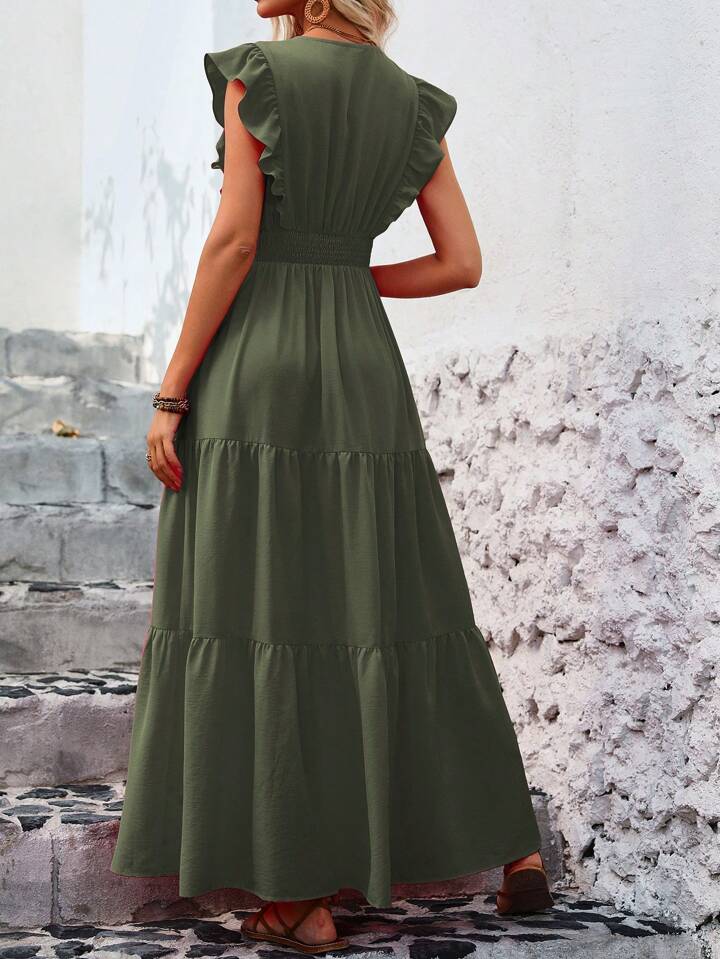 Ladies’ Solid Color V-Neck Ruffle Sleeve Side Split Summer Dress