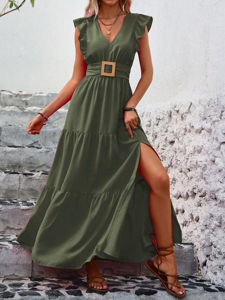 Ladies’ Solid Color V-Neck Ruffle Sleeve Side Split Summer Dress