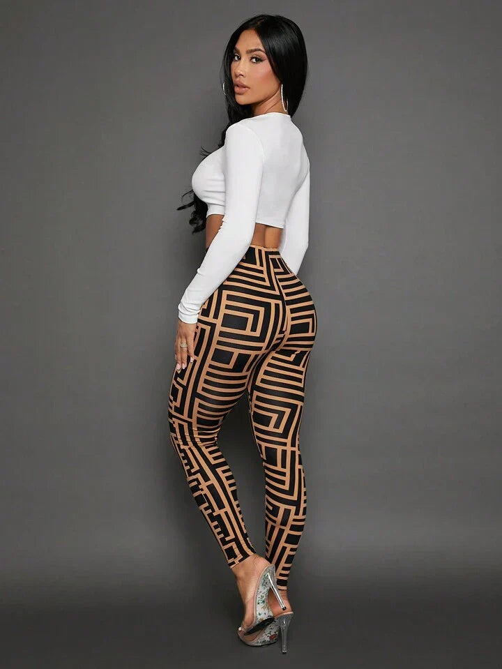 Allover Print High Waist Leggings Irregular Waist Casual Pants