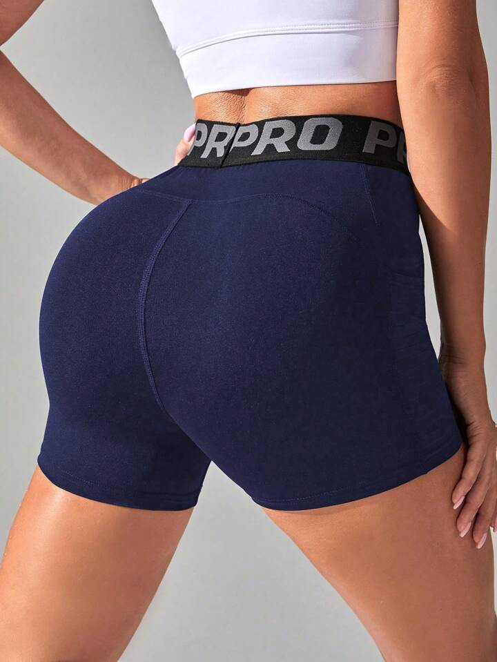 Letter Print With Tummy Control And Side Pockets Blue Shorts