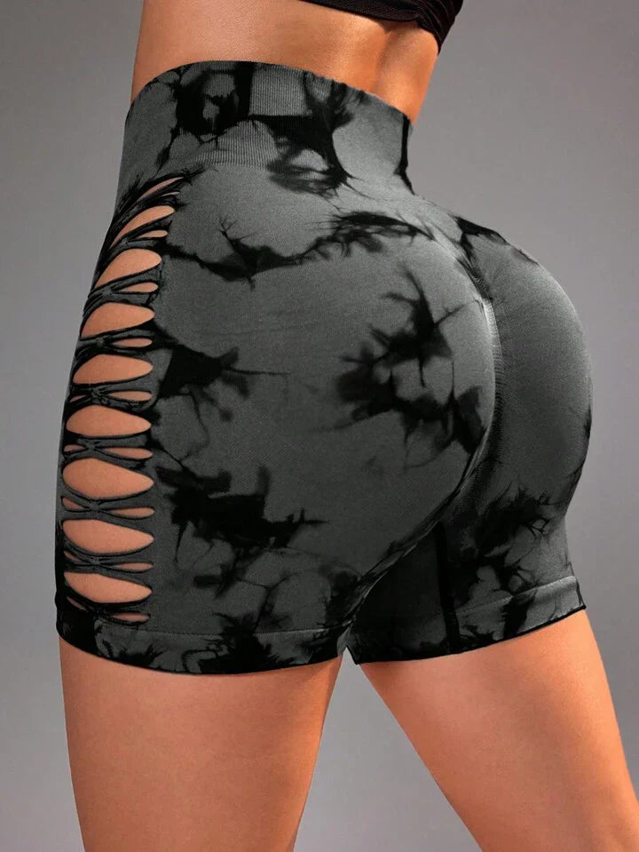 Women's High Waist Tie-Dye Printed Hollow Out Side Seamless Sports Shorts