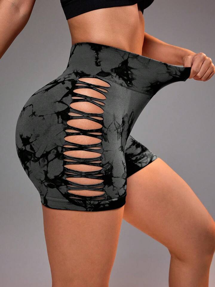 Women's High Waist Tie-Dye Printed Hollow Out Side Seamless Sports Shorts