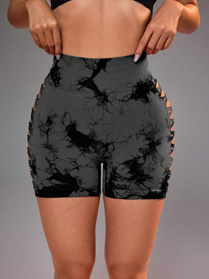 Women's High Waist Tie-Dye Printed Hollow Out Side Seamless Sports Shorts
