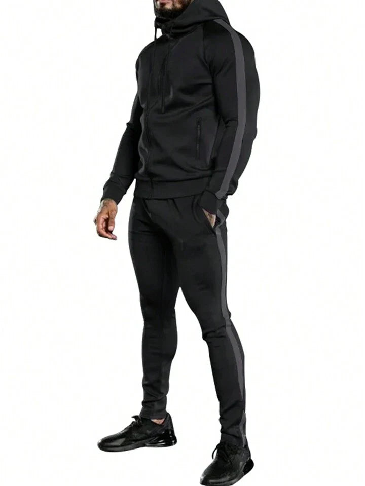 Streetwear Men's Side Stripe Hooded Sportswear Set, Athletic Suit
