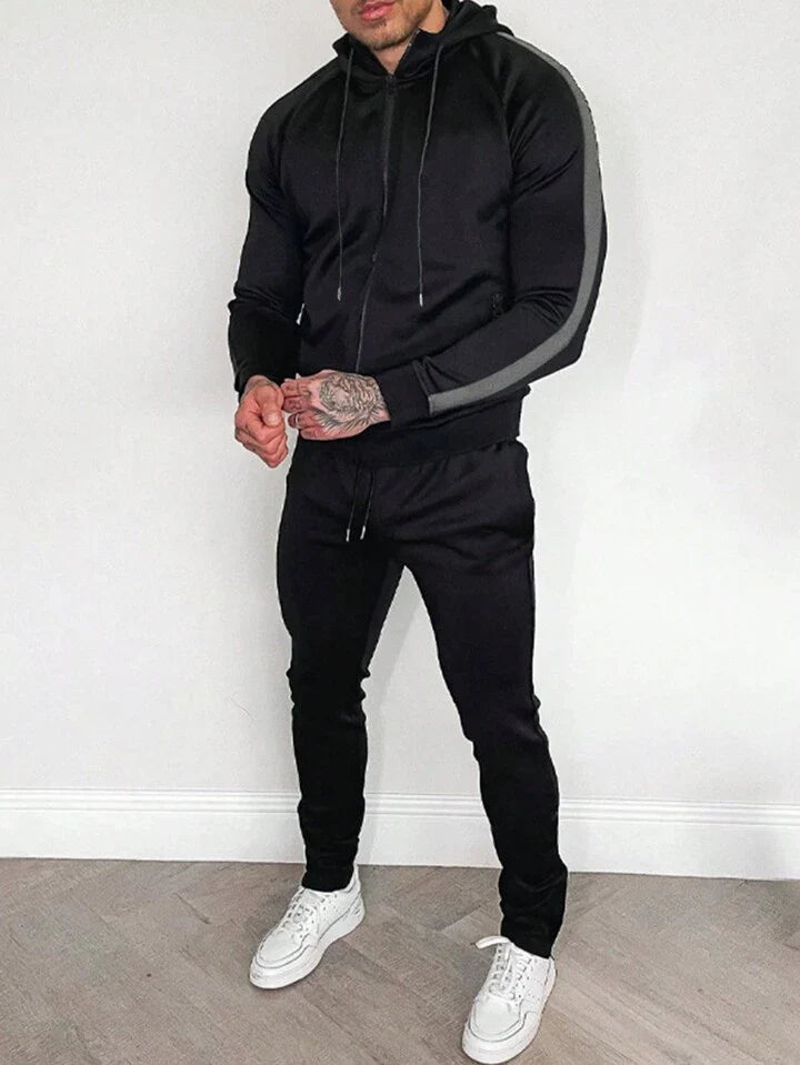 Streetwear Men's Side Stripe Hooded Sportswear Set, Athletic Suit