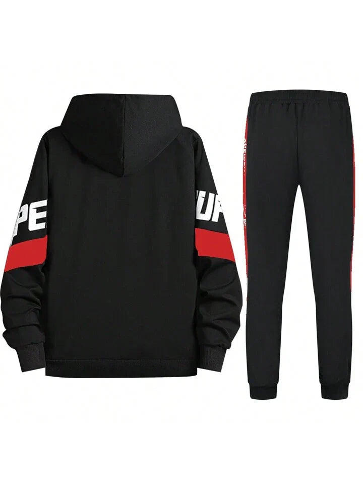 Spring And Autumn Color-Block Hoodie And Pants Sports Suit With Letter Printed