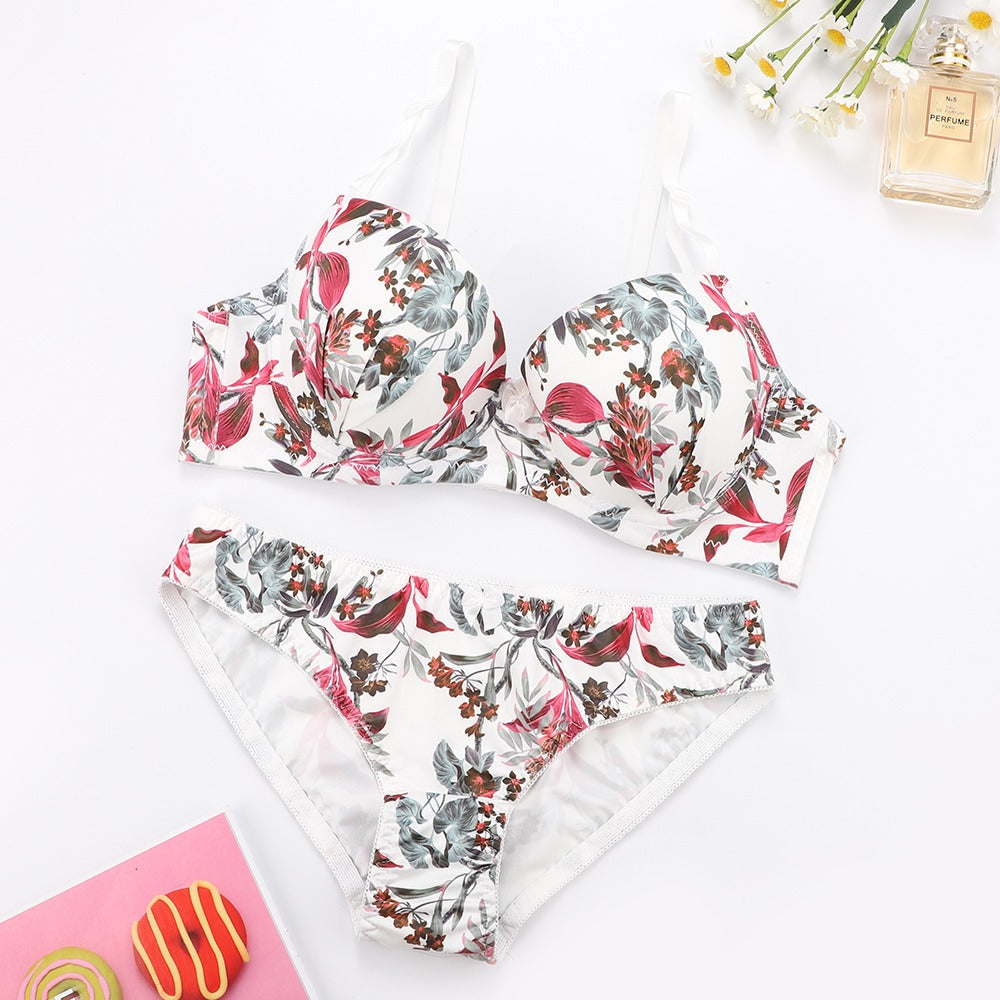 Fashion Floral Padded Sexy Bra Panty Set Red & Green