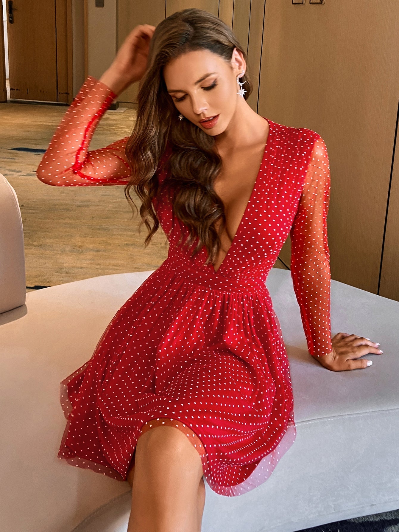 Deep V Transparent Dot Print Long Sleeve Chiffon Casual Dress